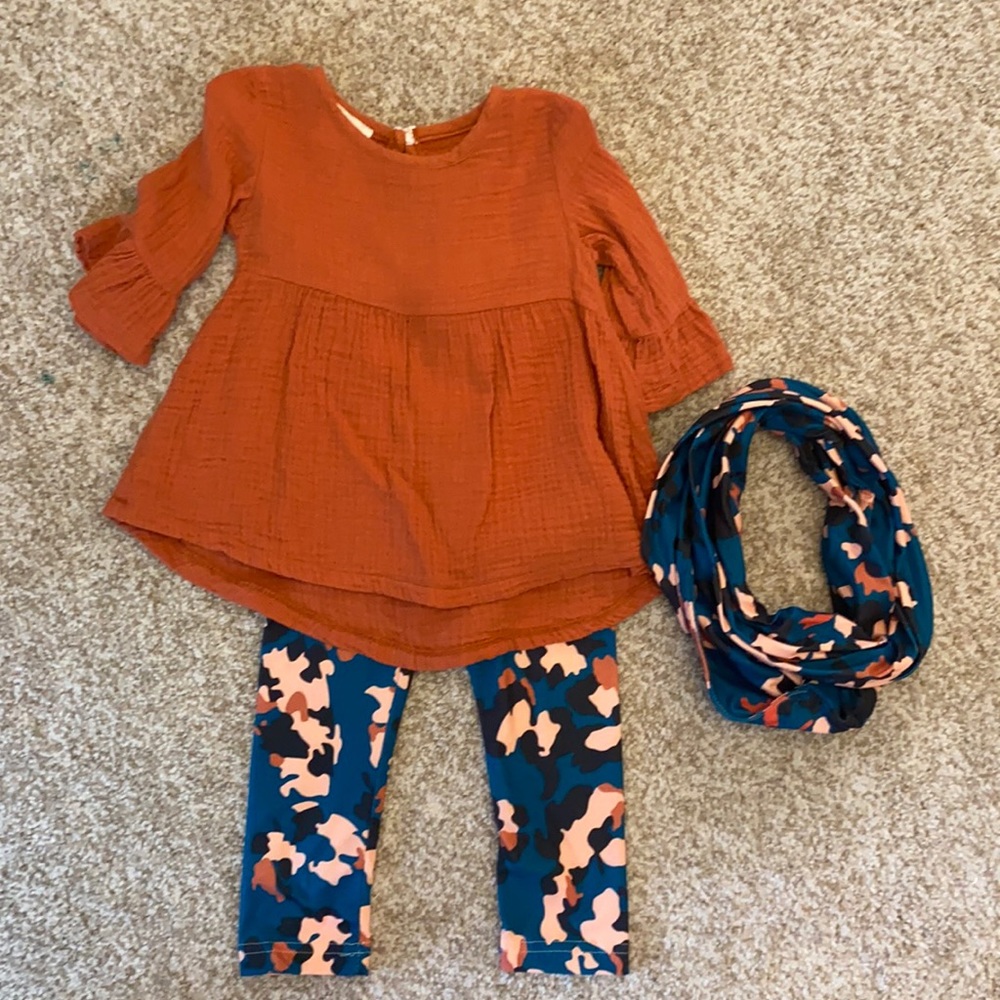 Three piece Marie Nicole outfit includes pants, shirt, and scarf size sm (2T).